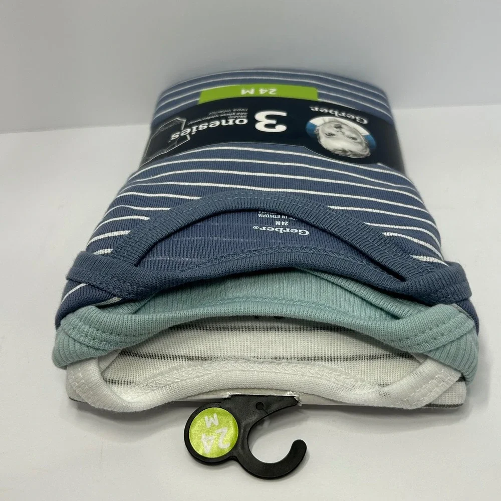 Gerber 3‎ Pack Blue White Striped Onesies Bodysuits 24M New 100% Cotton